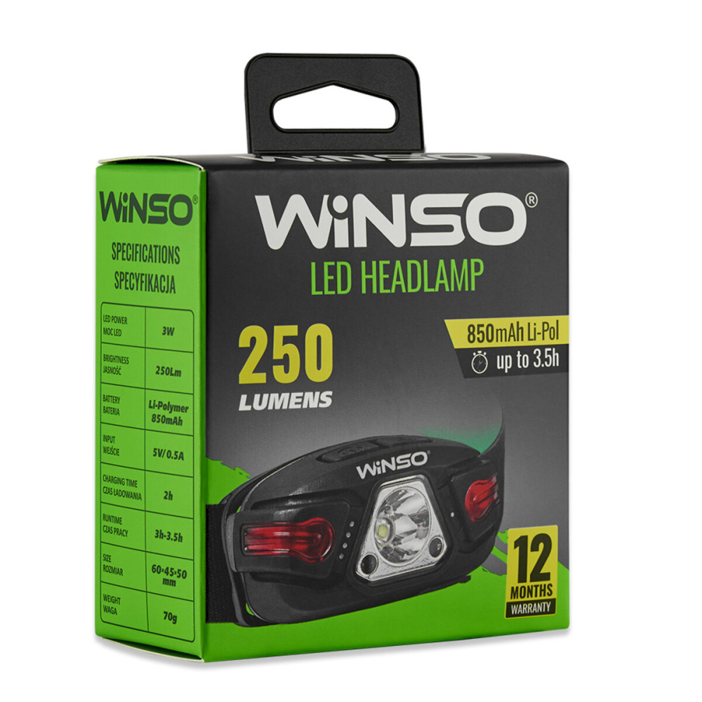 Фонарь налобный Winso 250Lm, 5W LED, 850mAh, с сенсором белый/красный