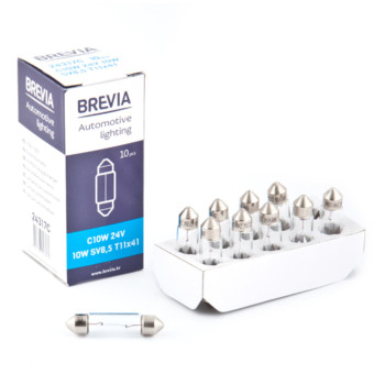 Лампа накаливания Brevia C10W 24V 10W SV8.5 T11x41 CP, 10шт Лампа накаливания Brevia C10W 24V 10W SV8.5 T11x41 CP, 10шт