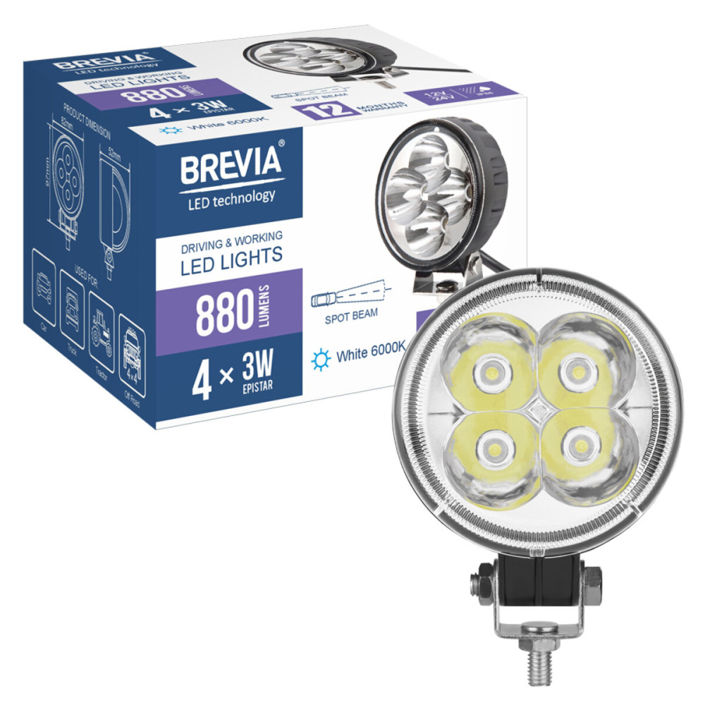Фара светодиодная Brevia Epistar Spot 10-30V, 12W (4x3W), 880Lm, 1шт