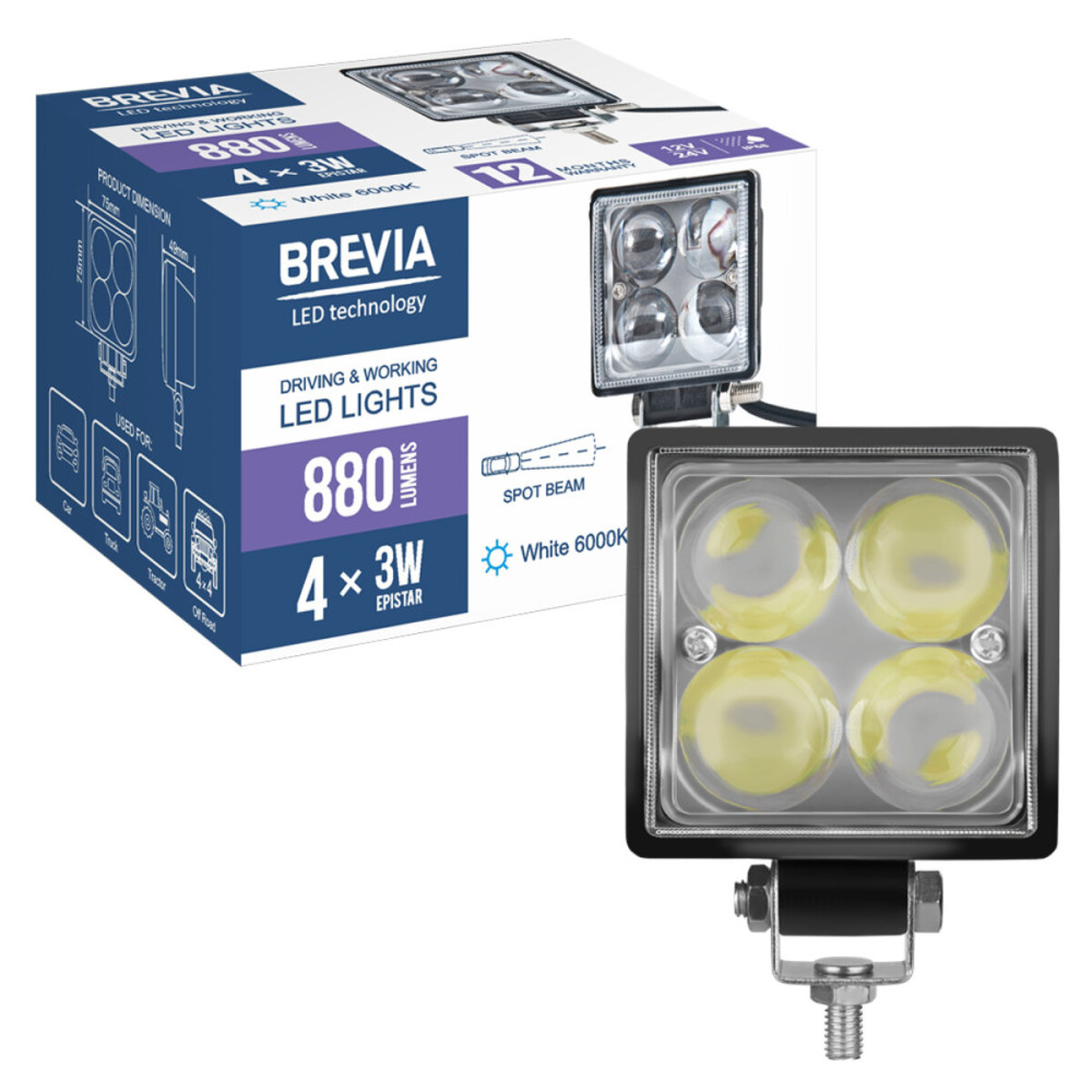 Фара светодиодная Brevia Epistar 4D Spot 10-30V, 12W (4x3W), 880Lm, 1шт