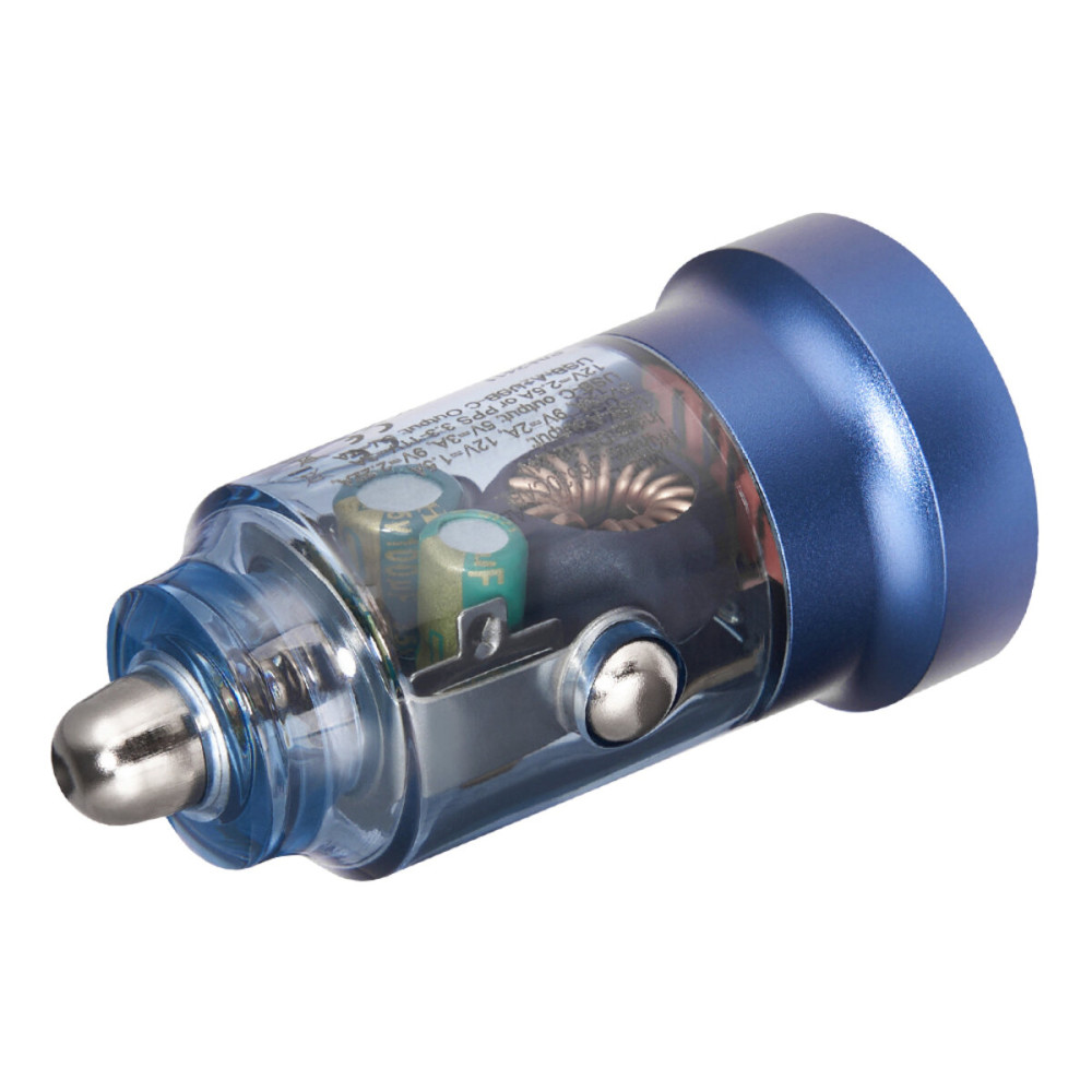 Автомобільний зарядний пристрій Brevia ePower DualCharge 30W 1xUSB-C+1xUSB-A, прозорий синій