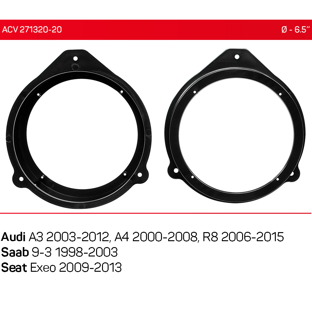 Проставки под динамики 165 мм / 6.5" ACV 271320-20 для автомобилей Audi A3, A4, R8, Saab 9-3, Seat Exeo