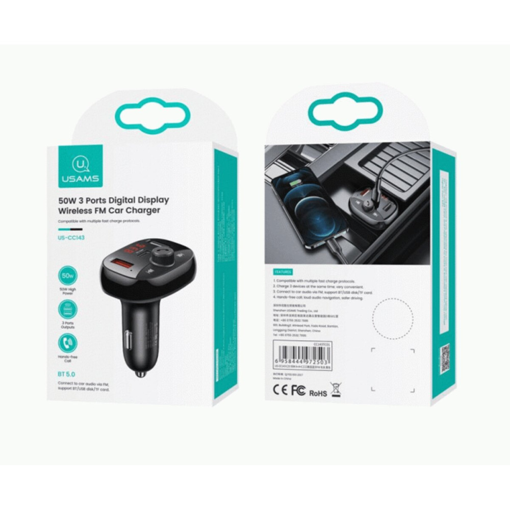 АЗП Usams US-CC143 C25 50W 2A+C 3 Ports Digital Display Wireless FM Car Charger Black