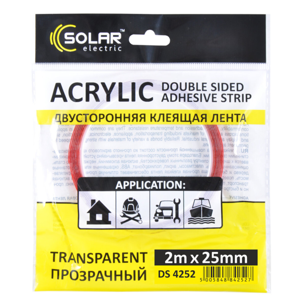 Лента клейкая двусторонняя Solar, ACRYLIC (VHB), прозрачная, 25ммx2м