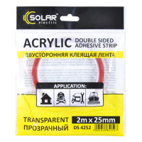 Лента клейкая двусторонняя Solar, ACRYLIC (VHB), прозрачная, 25ммx2м