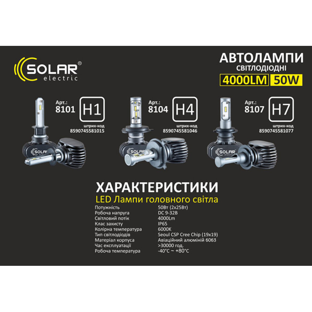 LED автолампа Solar H1 12/24V 6000K 4000Lm 50W Seoul CSP 19x19