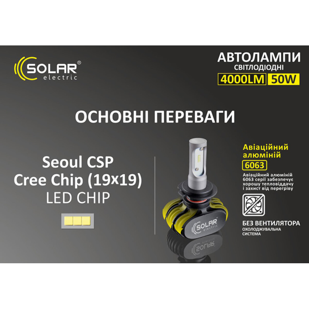 LED автолампа Solar H1 12/24V 6000K 4000Lm 50W Seoul CSP 19x19