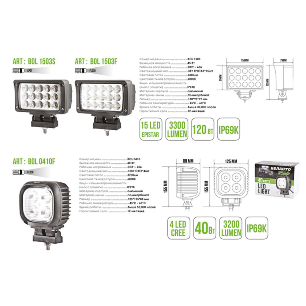 Автолампа светодиодная BELAUTO CREE Flood LED (15*3w)