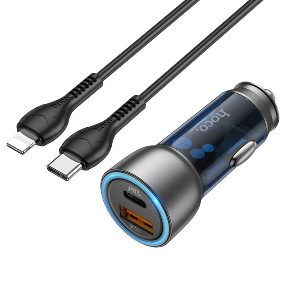 Автомобильное зарядное устройство HOCO NZ8 Sprinter 43W dual port PD25W+QC3.0 car charger set(C to iP) Blue