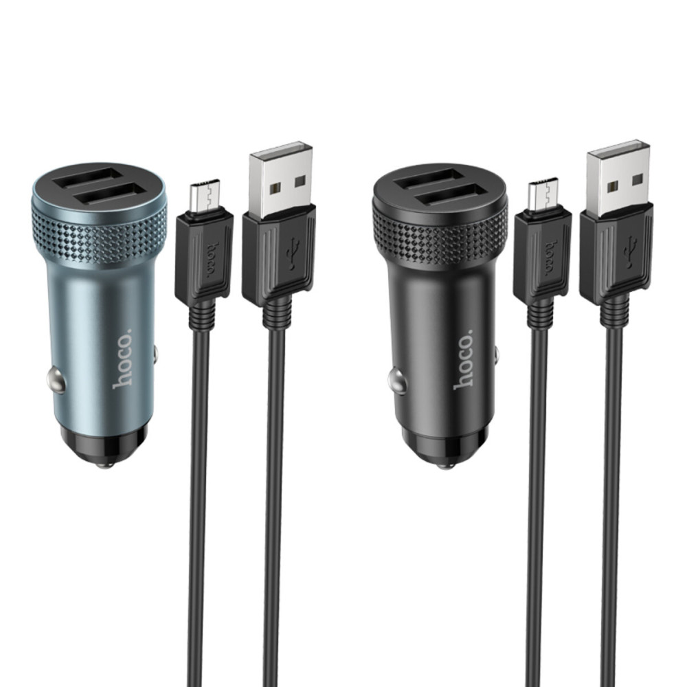 Автомобільний зарядний пристрій HOCO Z49 Level dual port car charger set(Micro) Metal Gray