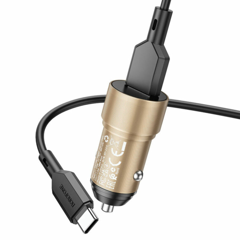 Автомобильное зарядное устройство BOROFONE BZ19A Wisdom single port QC3.0 car charger set(Type-C) 18W Gold