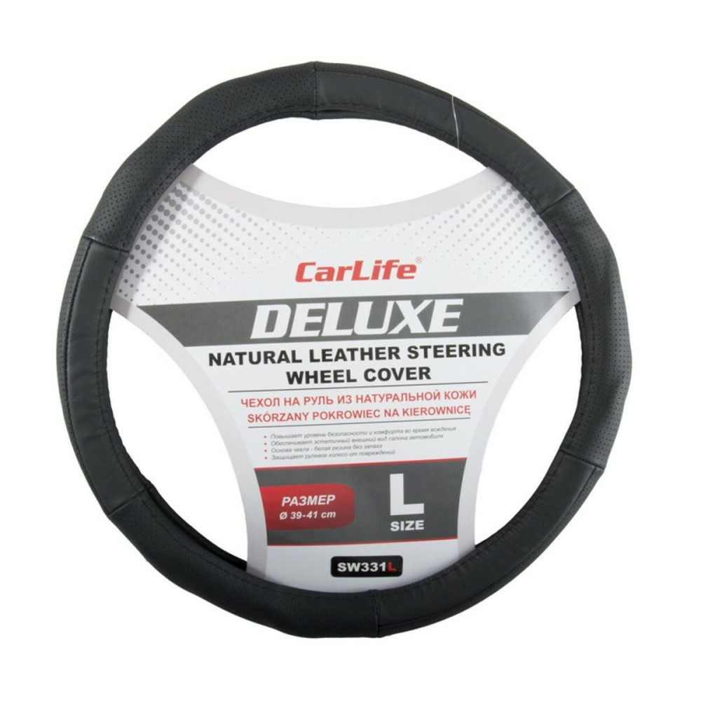 Чехол на руль Carlife 39-41 см кожаный Delux, черный SW331L