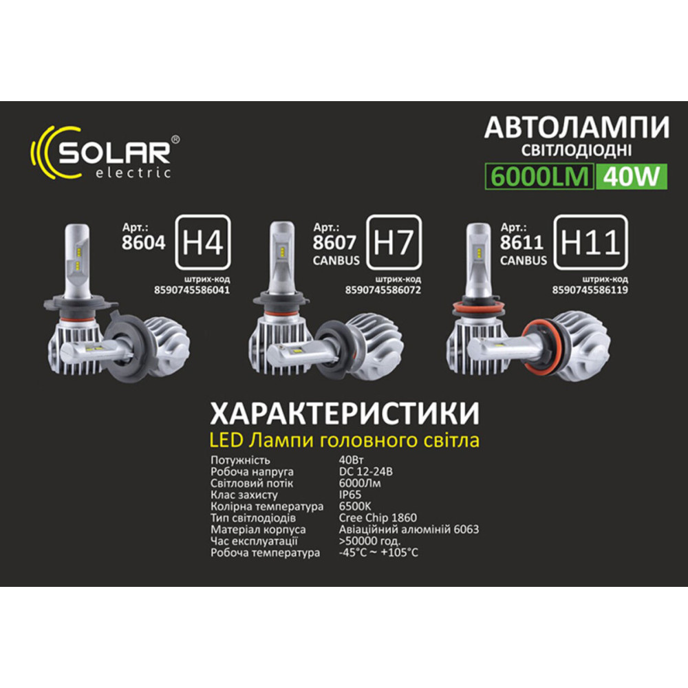 LED автолампа Solar H7 12/24V 6500K 6000Lm 40W Cree Chip CanBus