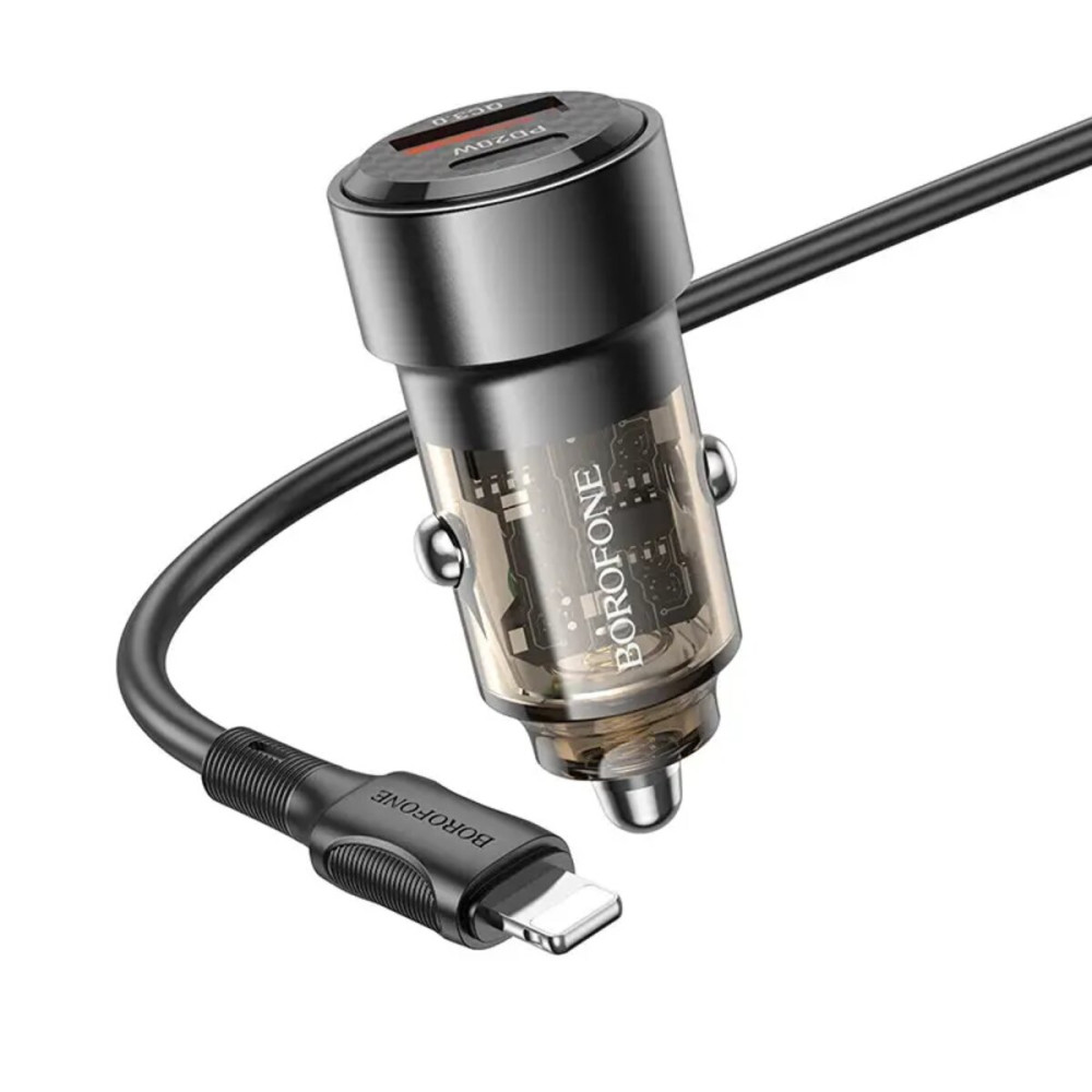 Автомобильное зарядное устройство BOROFONE BZ20 Smart 38W dual port PD20W+QC3.0 car charger set(C to iP) Transparent Black