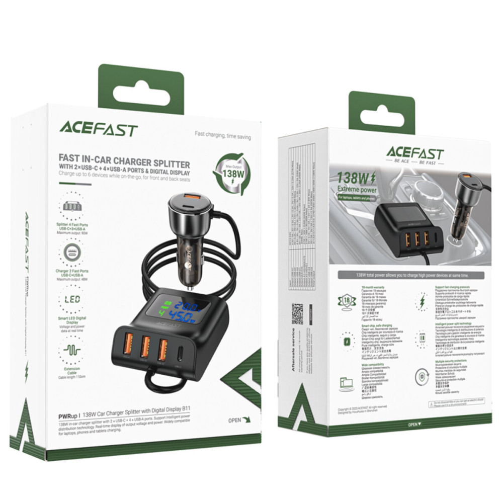 Автомобильное зарядное устройство ACEFAST B11 138W Car Charger Splitter with Digital Display Black
