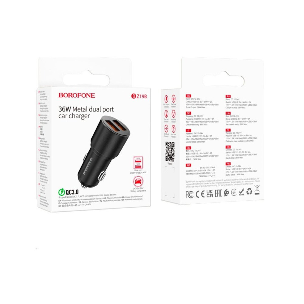Автомобильное зарядное устройство BOROFONE BZ19B Wisdom 36W dual port QC3.0 car charger Black