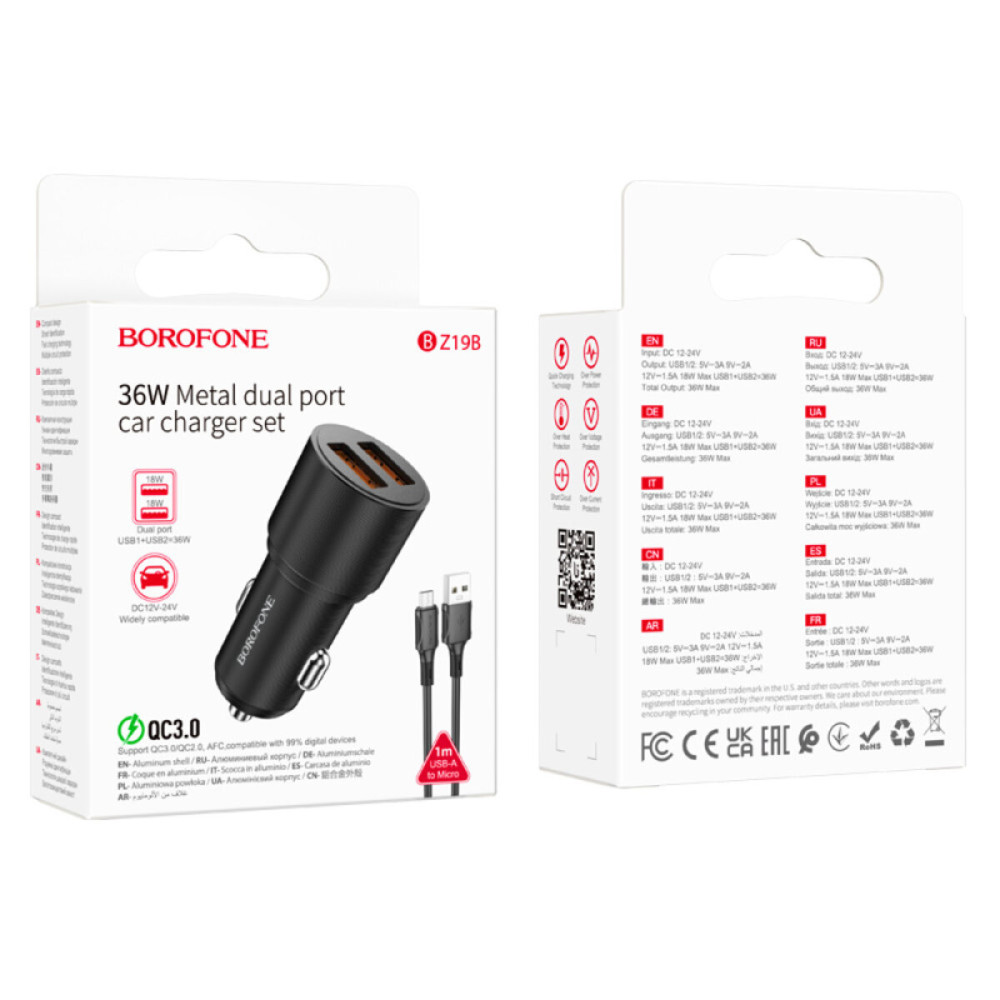 Автомобильное зарядное устройство BOROFONE BZ19B Wisdom 36W dual port QC3.0 car charger set(Micro) Black