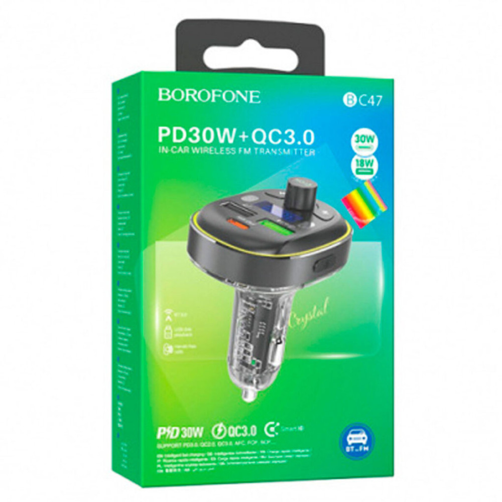 FM-модулятор с зарядным устройствомом BOROFONE BC47 Might PD30W+QC3.0 car BT FM transmitter Jazz Metal Gray
