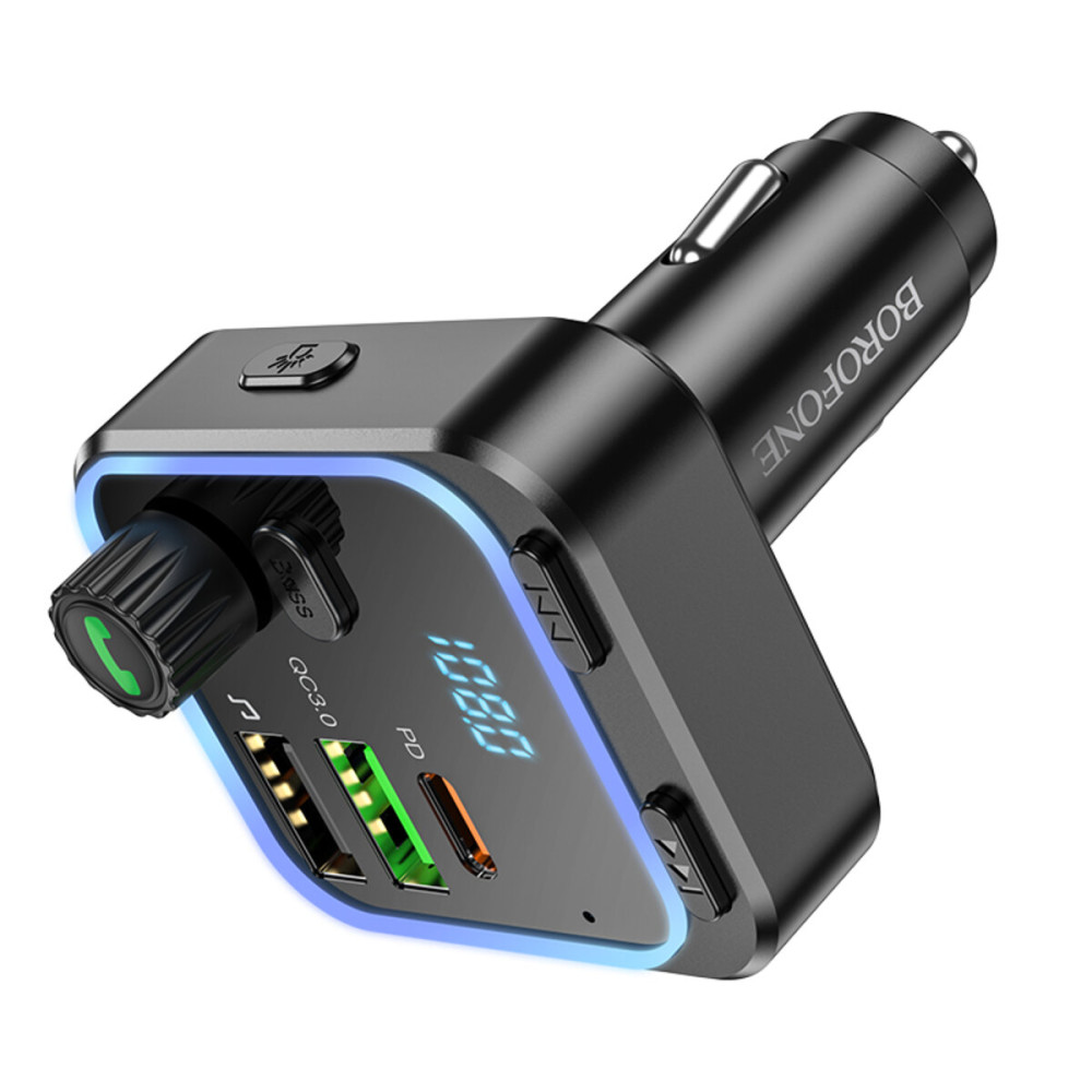 FM-модулятор с зарядным устройствомом BOROFONE BC53 Highway PD20W+QC3.0 car BT FM transmitter 18W Black