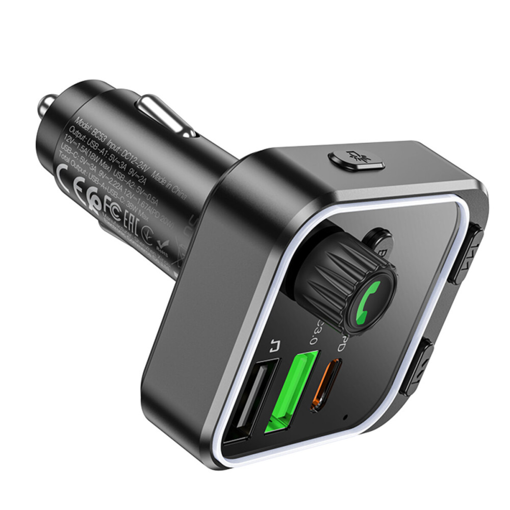 FM-модулятор с зарядным устройствомом BOROFONE BC53 Highway PD20W+QC3.0 car BT FM transmitter 18W Black