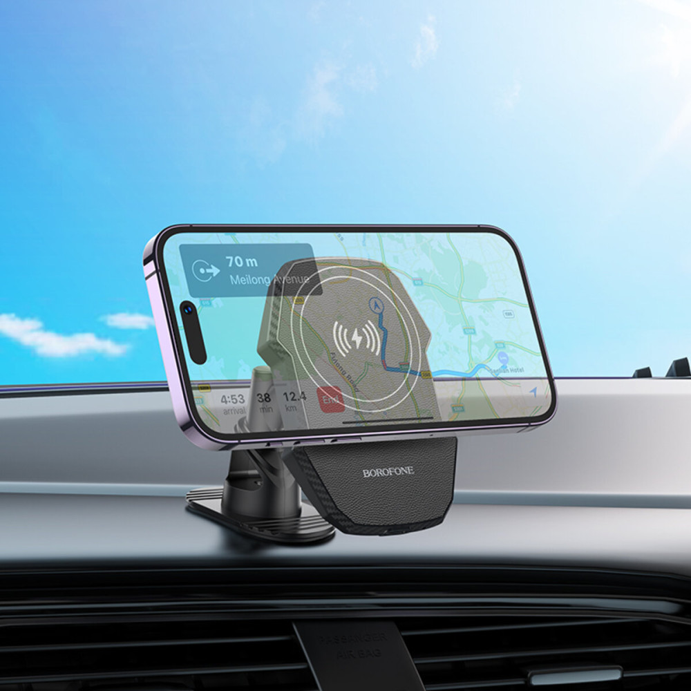 Держатель для мобильного с БЗП BOROFONE BH216 Adelante magnetic wireless fast charging car holder(center console) Black
