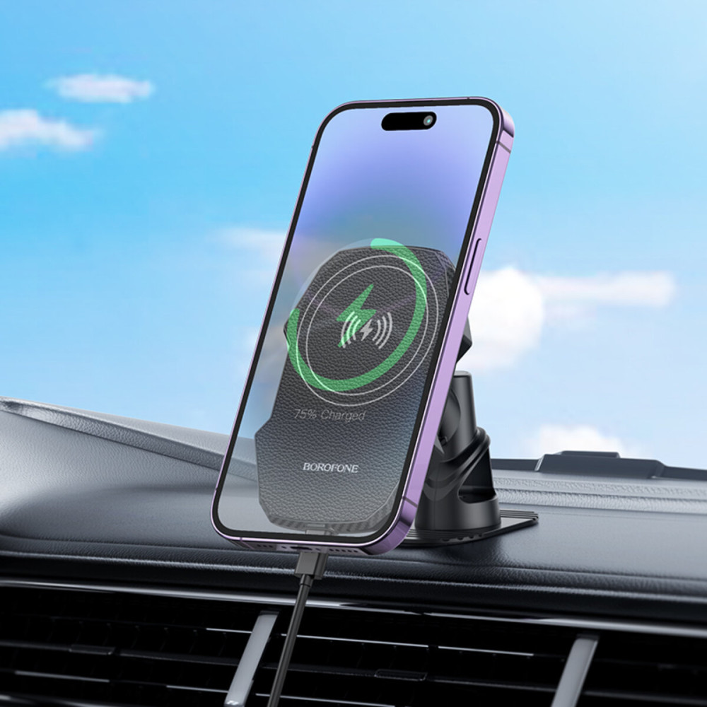 Держатель для мобильного с БЗП BOROFONE BH216 Adelante magnetic wireless fast charging car holder(center console) Black