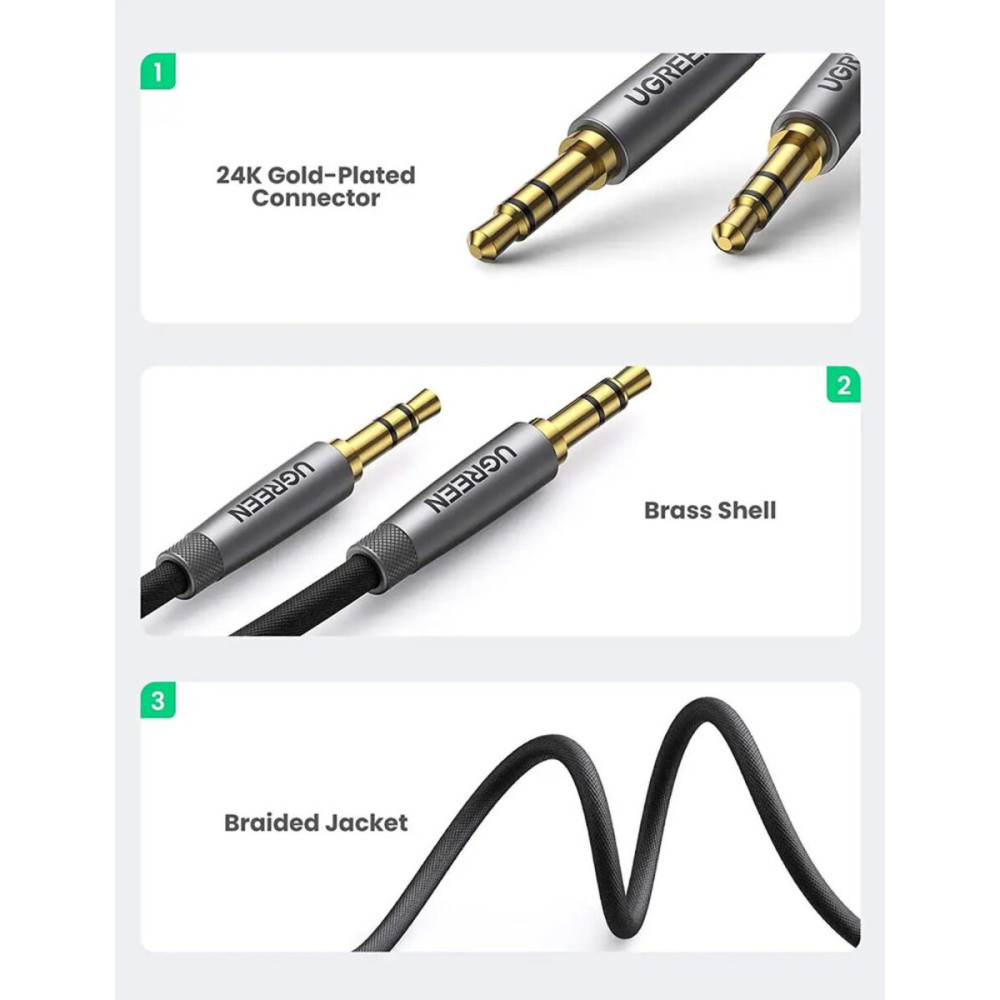 Аудіо кабель UGREEN AV150 3.5mm Cable Male to Male Alu Case Braid 1m (Silver gray)(UGR-50355)
