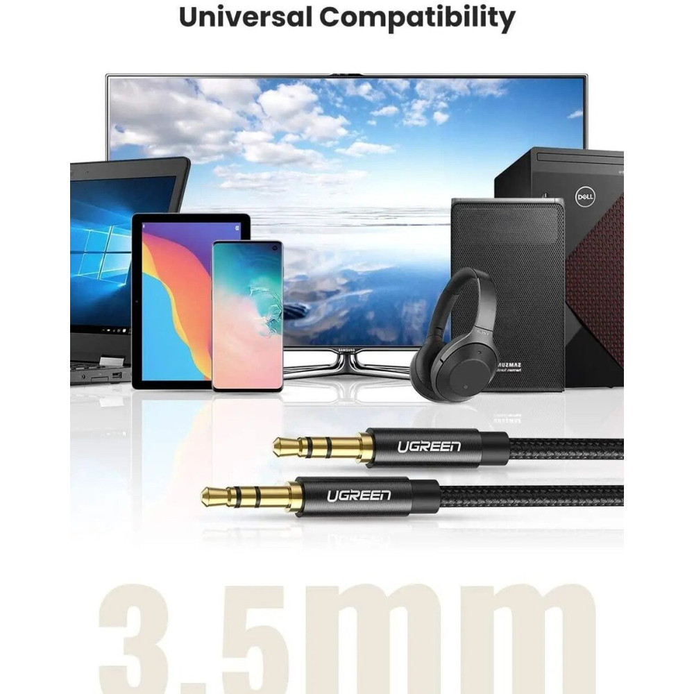 Аудіо кабель UGREEN AV112 3.5mm Male to 3.5mm Male Cable Gold Plated Metal Case with Braid 1m (Black)(UGR-50361)