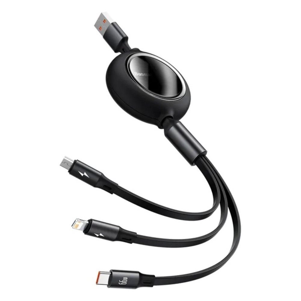 Кабель Baseus Bright Mirror 2 Series Retractable 3-in-1 Fast Charging  Data Cable USB to M+L+C 66W 1.1m Black