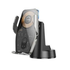 Автомобильный держатель для смартфона з БЗП HOCO HW27 Traveler infrared RGB wireless fast charging car holder(center console) Black metal gray