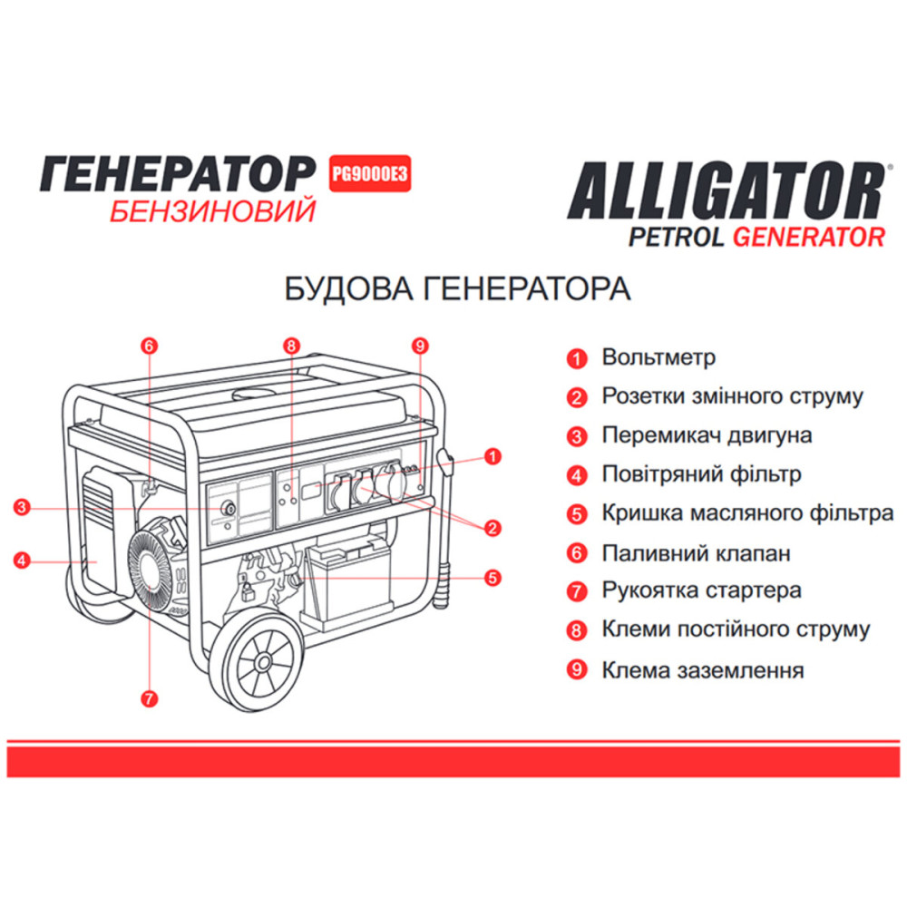 Генератор Alligator бензиновий 7,5кВт (ном 7,0кВт) з електростартером, 1 та 3 фази
