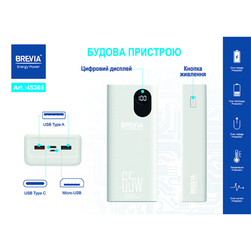 Повербанк (Power Bank) Brevia 30000mAh 65W Li-Pol, LCD