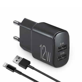 Сетевое зарядное устройство Brevia ePower 12W 2xUSB-A + кабель USB-A to Lightning 1м черный Сетевое зарядное устройство Brevia ePower 12W 2xUSB-A + кабель USB-A to Lightning 1м черный