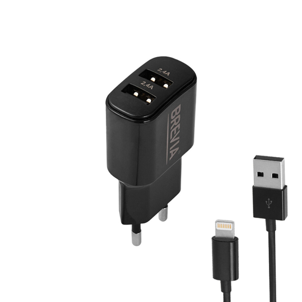 Мережевий зарядний пристрій Brevia ePower 12W 2xUSB-A + кабель USB-A to Lightning 1м чорний