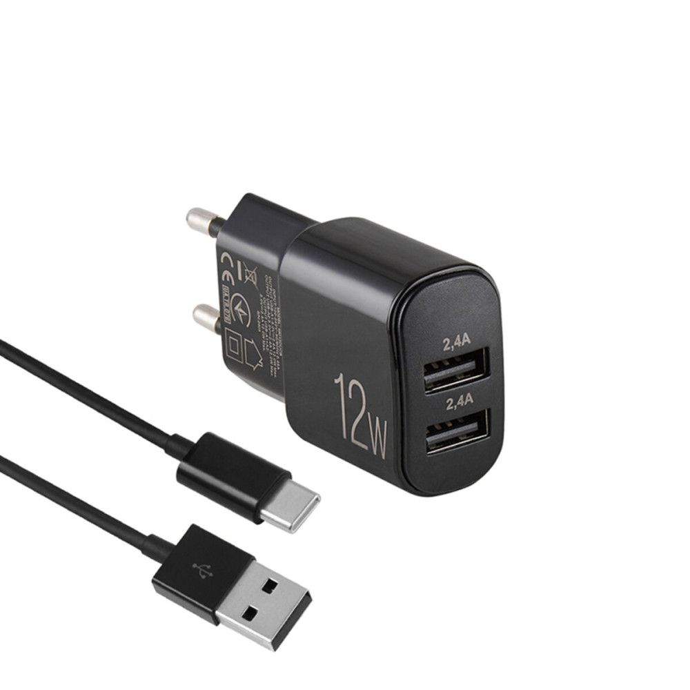 Мережевий зарядний пристрій Brevia ePower 12W 2xUSB-A + кабель USB-A to USB-C 1м чорний