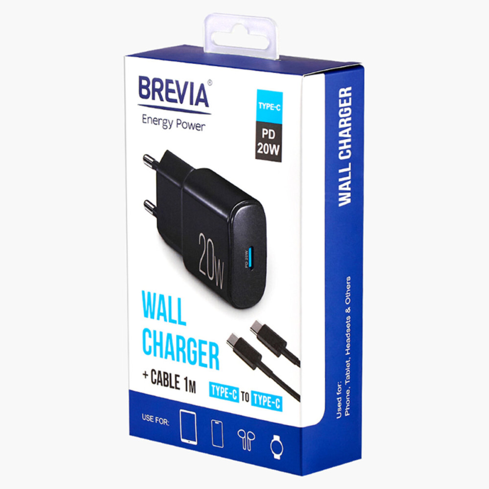 Мережевий зарядний пристрій Brevia ePower PD20W + кабель USB-C to USB-C 1м чорний
