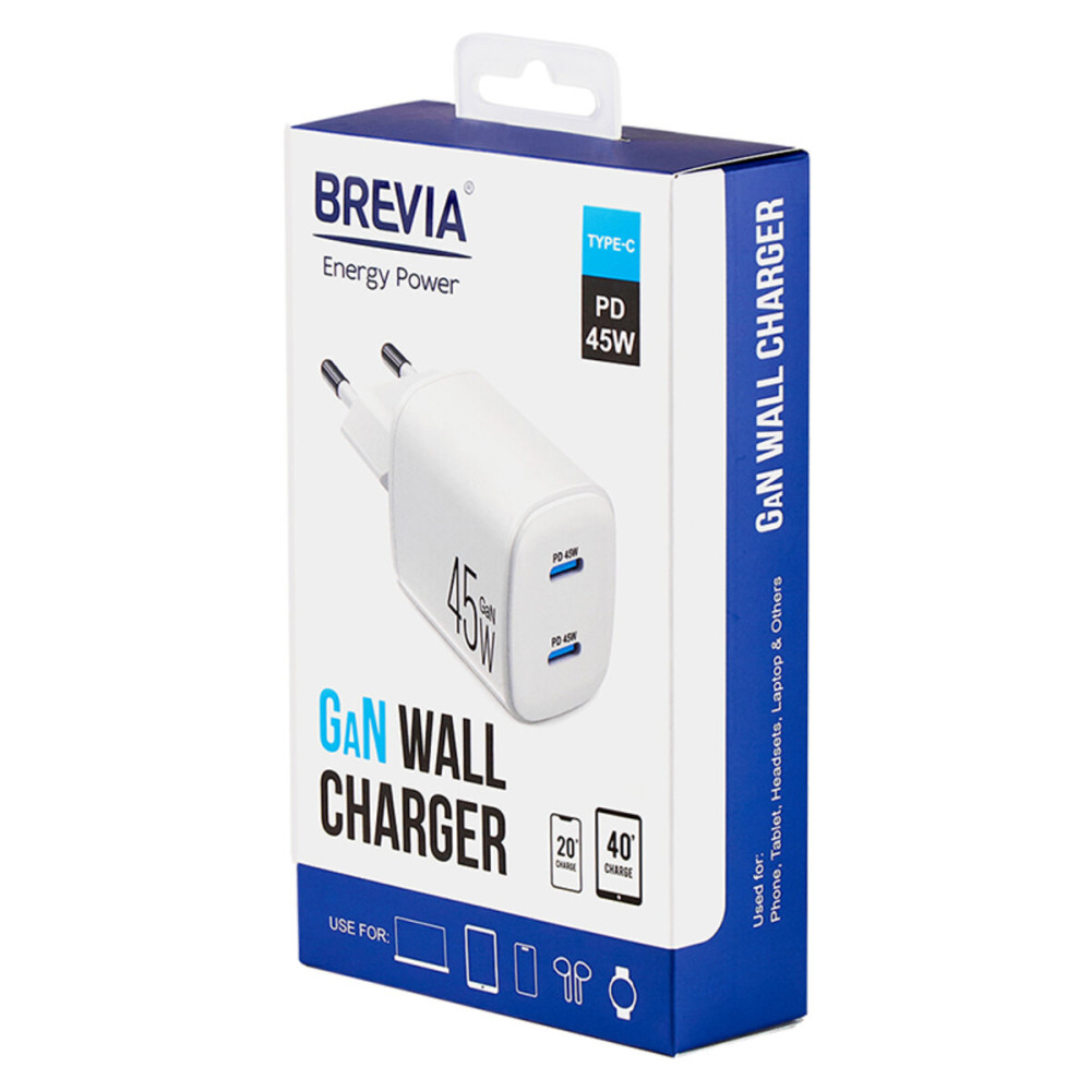 Мережевий зарядний пристрій Brevia ePowerGaN PD45W 2xUSB-C білий