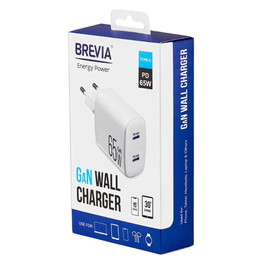 Сетевое зарядное устройство Brevia ePowerGaN PD65W 2xUSB-C белый