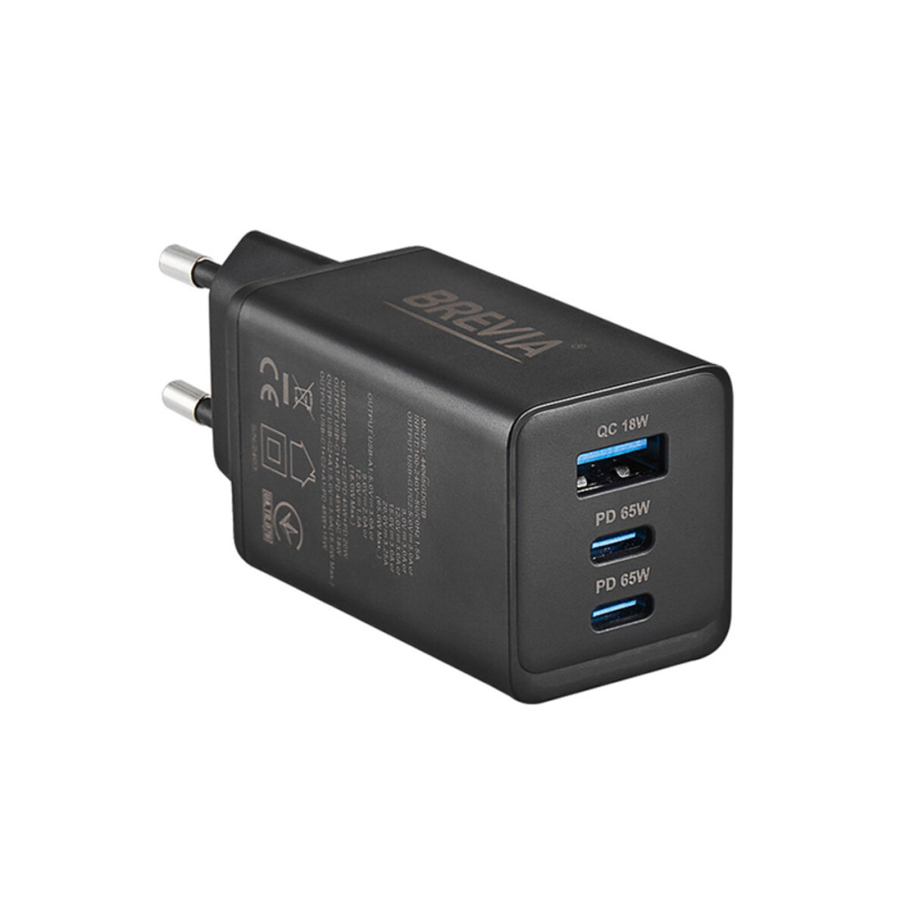 Мережевий зарядний пристрій Brevia ePowerGaN PD65W 2xUSB-C+USB-A чорний