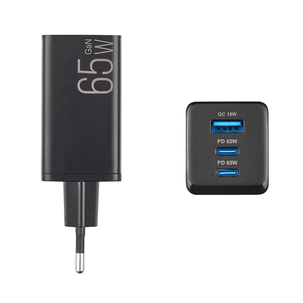 Мережевий зарядний пристрій Brevia ePowerGaN PD65W 2xUSB-C+USB-A чорний