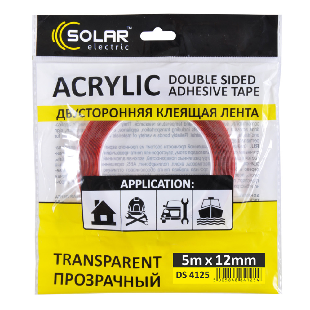 Лента клейкая двусторонняя Solar, ACRYLIC (VHB), прозрачная, 12ммx5м
