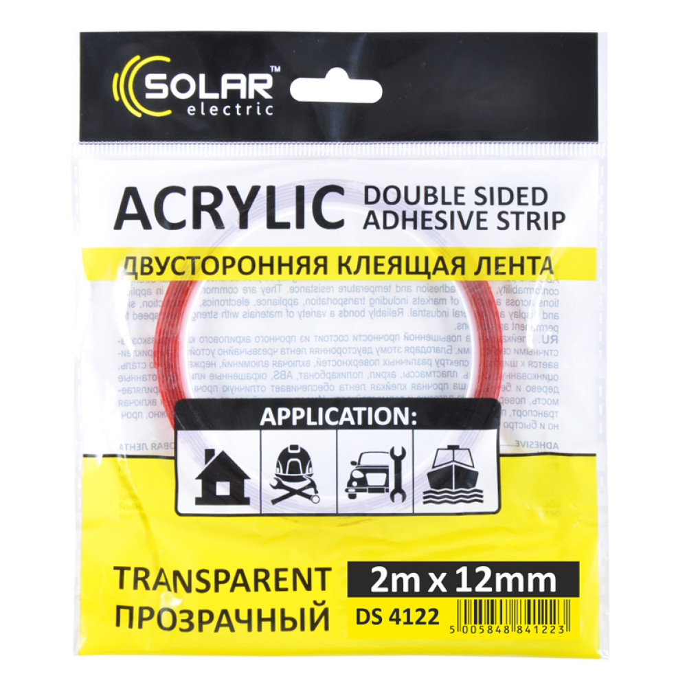 Стрічка клеюча двостороння Solar, ACRYLIC (VHB), прозора, 12ммx2м